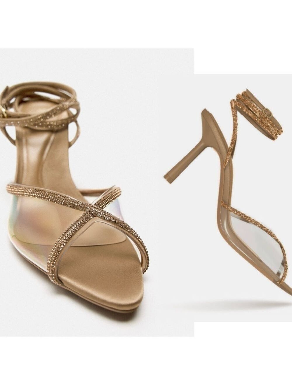 Zara Sandy Brown Crystal rhinestone lace up vinyl strappy high heel sandals 6.5